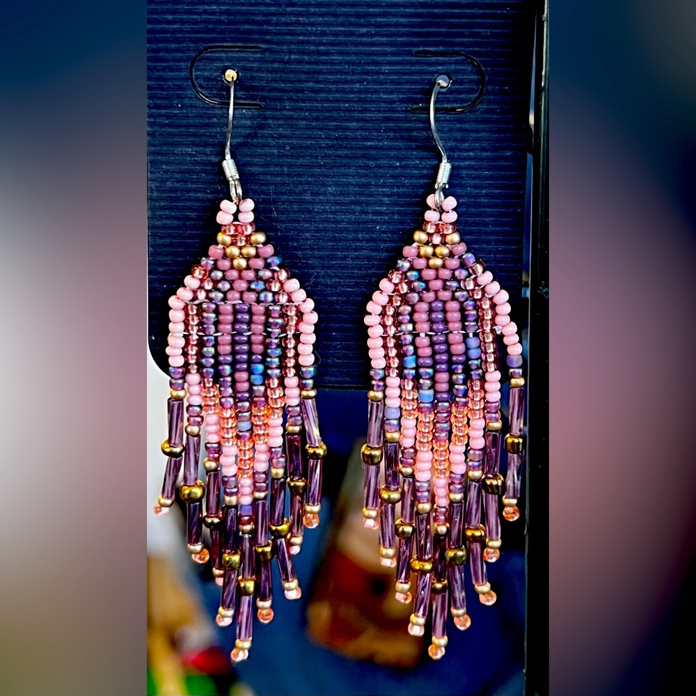 Lovely pink and purple beaded earrings. Handmade